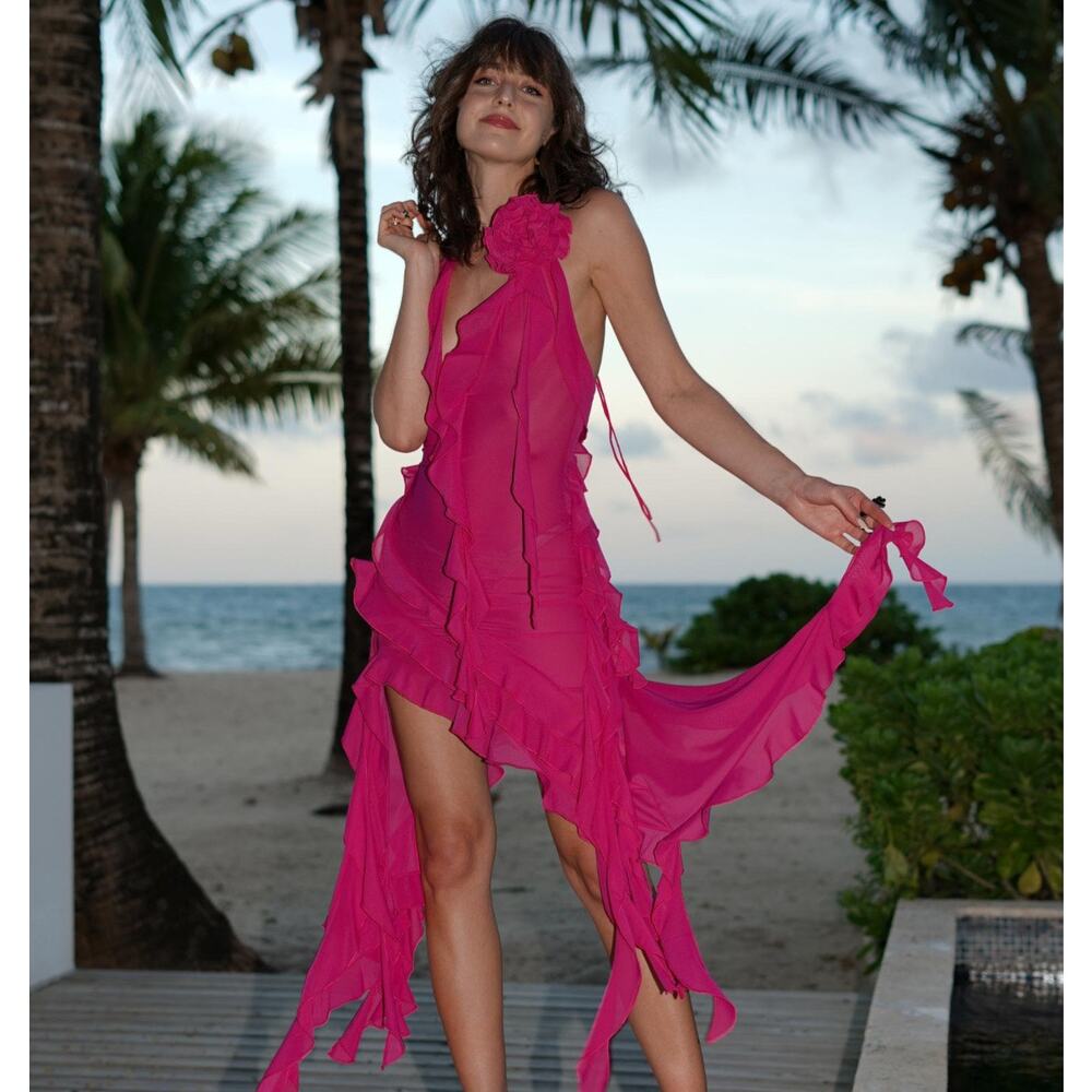 Fanci Club Dress Pink Garden of Eden Mini Ruffle Flower Halter Small